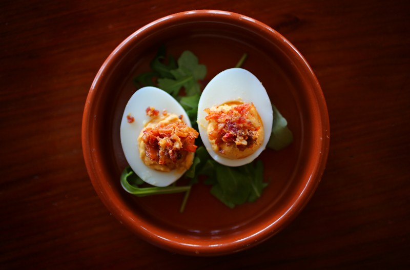 Kimchi bacon deviled eggs by chef Liza Hinman of The Spinster Sisters. (Christopher Chung