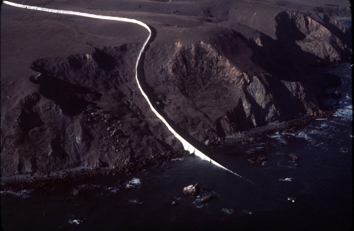 The Running Fence plunges into (or rises out of) the Pacific in Marin County, just a short distance south of the Estero Americano, which is the boundary between Marin and Sonoma counties. Color photo by John LeBaron.