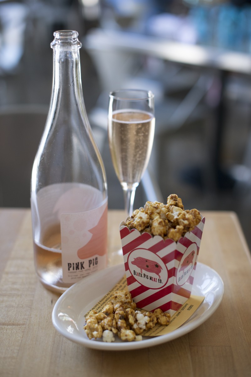 Rodeo Jax black pig bacon caramel popcorn accompanied by 2012 Pink Pig Russian River Valley brut rosé at zazu kitchen + farm in The Barlow in Sebastopol, California. June 18, 2016. (Photo: Erik Castro/for Sonoma Magazine) zazu and Black Pig Meat Co.