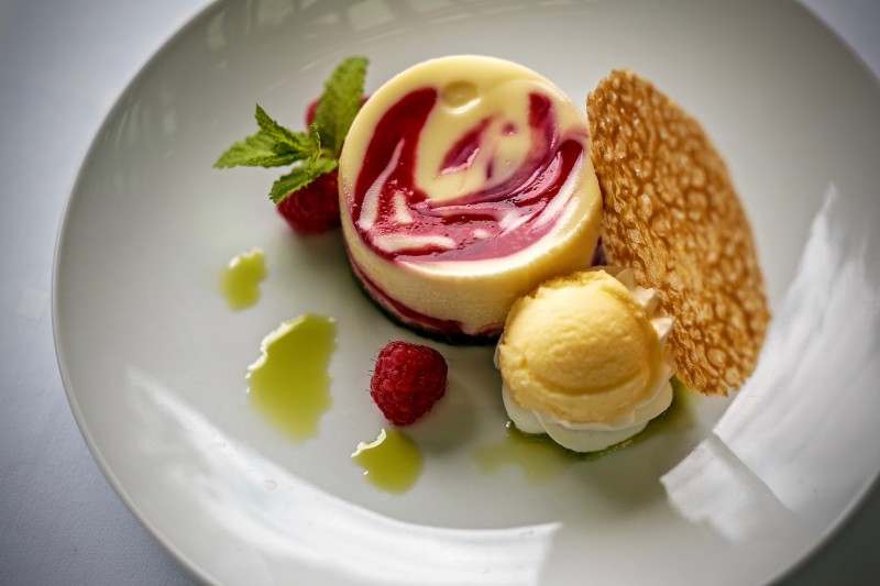Raspberry cheesecake, prepared by pastry chef Casey Stone, at John Ash & Co. (Photo by Chris Hardy)