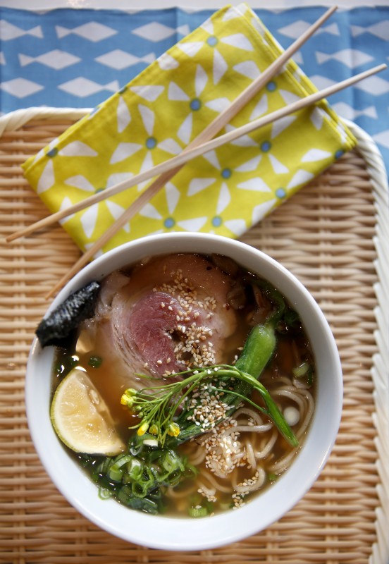 A bowl of homemade ramen soup topped with sliced pork belly, bok choy, maitake mushrooms, scallions, chives, nori (dried seaweed), an yuzu wedge, and sesame seeds, at a ramen workshop at SHED in Healdsburg, on Sunday, October 30, 2016. (BETH SCHLANKER/ The Press Democrat) Beth Schlanker