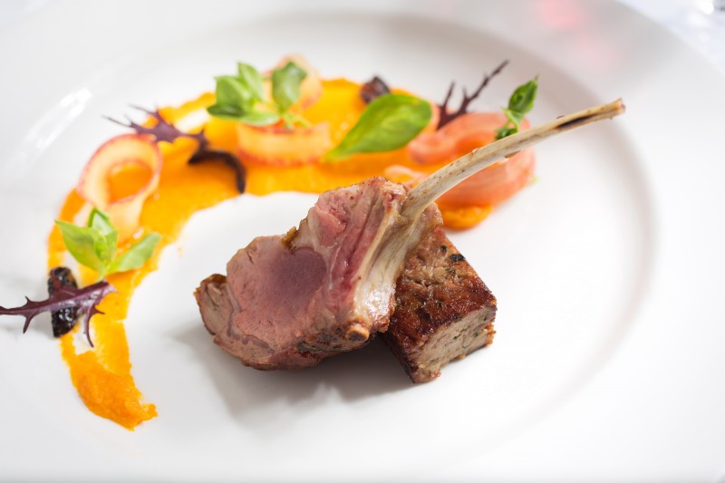ranch goat prepared by Chef Steve Litke, includes roasted loin, mustard crusted braised shoulder sun choke carrot puree and salt cured olives. Farmhouse is now ranked by Travel and Leisure Magazine as the fourth best inn in America, and is number 28 on its WorldÕs Best Hotels list. Shot on Friday, February 20, 2015 at Farmhouse Inn in Forestville, Calif. (Photo by Charlie Gesell