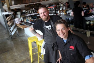 Zazu Kitchen and Farm owner Duskie Estes, right, with chef Doug Richey at the new restaurant location at The Barlow in Sebastopol. (photo by Christopher Chung)