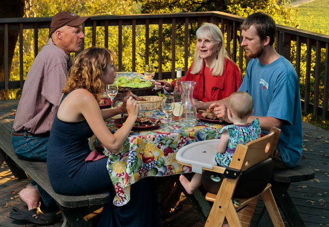 Holiday meals on a farm in SonomaHoliday meals on a farm in Sonoma with the Hopkins' Lynda and Emmett and their baby Gillian. They are eating with Emmett's parents Toni and Bob.