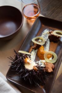 Sea urchin, wild kelp pickles and first flush chanterelles dish at Sir and Star at The Olema in Olema, Calif. (Photo by Charlie Gesell) 