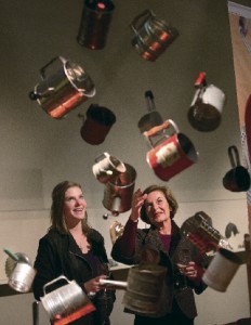 “Memories: The Kathleen Thompson Hill Culinary Collection” exhibit at the Sonoma Valley Museum of Art includes a display of vintage sifters and other kitchen implements. (photo by John Burgess)