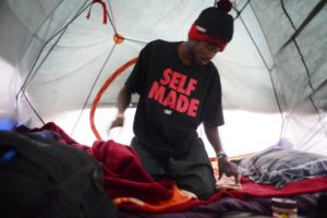 Gerri Jackson, 22, after just waking up on an cold early Sunday morning in his tent in a wooded area of a Santa Rosa park. November 24, 2013. (Photo: Erik Castro/for The Press Democrat)