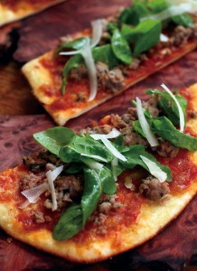 Sausage flatbread at Forestville's Backyard restaurant. (Jeff Kan Lee/ The Press Democrat)