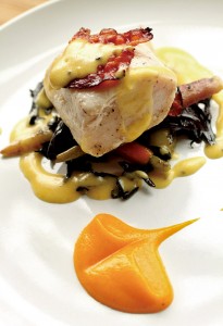 Bacon poached swordfish, with a back 'chip', bacon bernaise and black trumpets made by chef Dustin Valette. (Crista Jeremiason / The Press Democrat, file 2013)