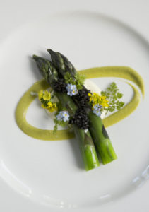 Dashi-Poached Asparagus with Lemon Mousseline and Osetra Caviar and Rabbit Rabbit Rabbit at Farmhouse Inn.