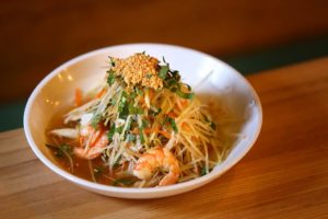 The green papaya salad with shrimp, pork, peanuts and basil is served at Kettles Vietnamese Bistro along Steele Lane in Santa Rosa. (photo by Conner Jay)