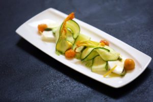 Tomatoes, fresh squash, mozzarella and squash blossoms are served at the Kendall-Jackson Wine Center. (photo by Conner Jay) 