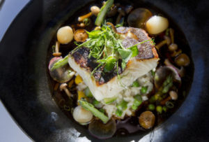 Pan-Seared California Halibut with Spring Risotto, Dashi Jasmine Broth and Pea Shoots at Cafe La Haye.