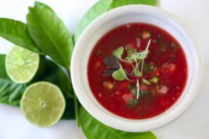 Watermelon gazpacho chilled soup with jicama, serrano, cucumber and lime by chef/owner Catherine Venturini of Olive & Vine restaurant in Glen Ellen. (photo by John Burgess)