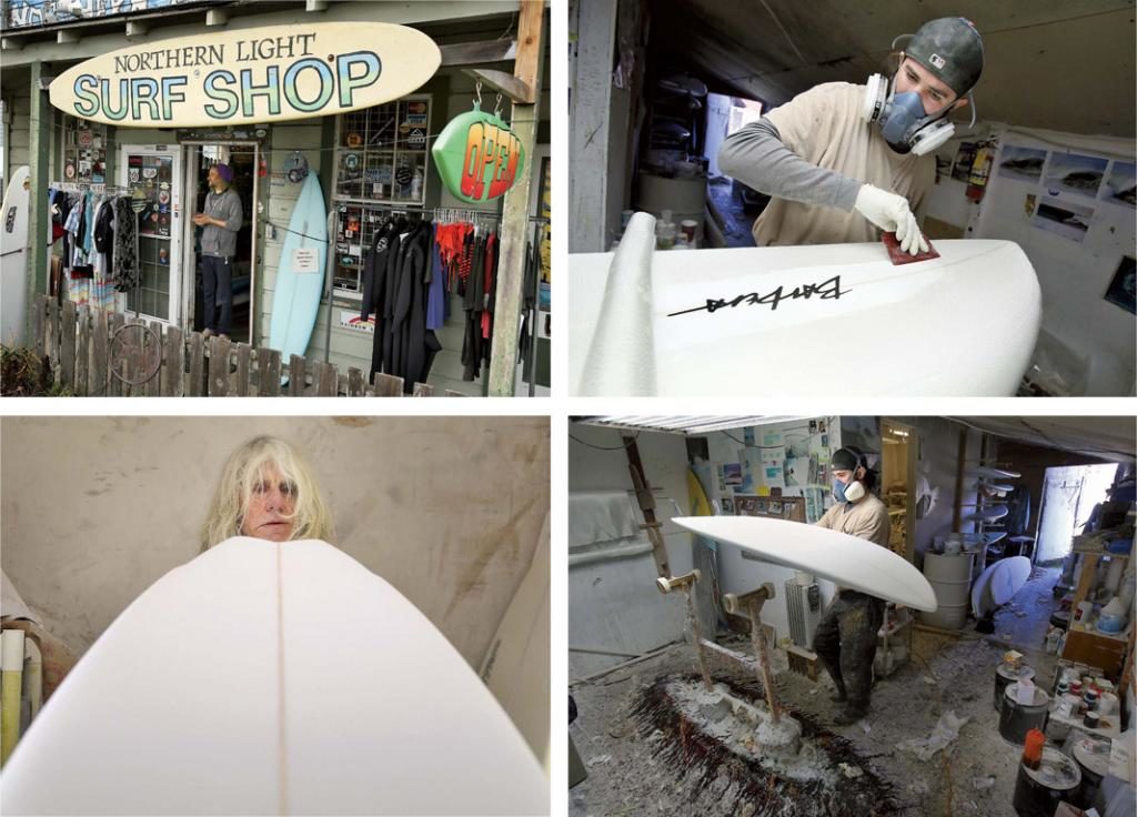 (clockwise from top left) The entry to Northern Light Surf Shop in Bodega; Patrick Corrigan begins to “glass” a surfboard, applying a layer of fiberglass; the workshop where boards are made and repaired is in a small barn behind the surf shop; surfboard builder Ed Barbera, one of only a few people who shape boards by hand, eyes his handiwork in progress at Northern Light.