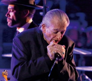 Ben Harper (rear) and Charlie Musselwhite perform a song from “Get Up!” at the Grammys in January. The album brought Musselwhite his first Grammy award, for best blues album, after eight prior nominations.