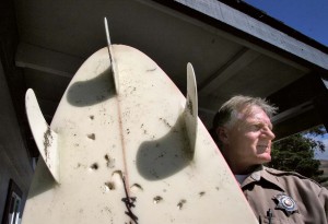 In 2005, a 14-foot great white shark attacked surfer Megan Halavais at Salmon Creek Beach, wounding her right leg and leaving tooth marks in her surfboard, shown by state park Ranger Bill Walton. Halavais is still surfing the North Coast today.