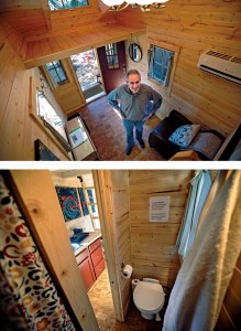 Tumbleweed Tiny House president Steve Weissmann in a 131-square-foot Tumbleweed in Sonoma that is available as a vacation rental (top), and the rental’s bathroom and kitchen (bottom).