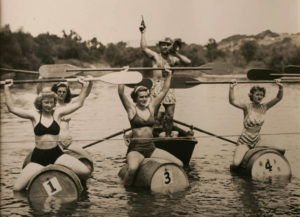 Ladies, start your barrels, and may the best paddler win at the 1947 Healdsburg Harvest Festival at Veterans Memorial Beach. (Courtesy Sonoma County Wine Library)