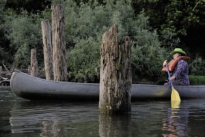 Linda Burke passes the weathered remains of an old bridge at the Burke's Canoe Trips launching site on the river near Forestville. 