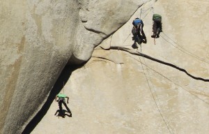 Kevin Jorgeson, left, of Santa Rosa takes a fall while free climbing the first pitch of his final day on El Capitan in the Yosemite Valley on January 14, 2015. Jorgeson returned to the beginning of the pitch and completed it. (Photo by John Burgess/The Press Democrat)