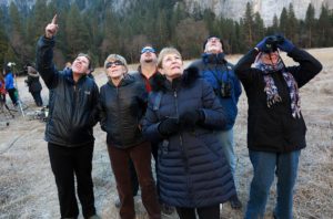 Spectators filled the El Capitan meadow in Yosemite Valley on Wednesday to watch as Kevin Jorgenson, of Santa Rosa and Tommy Caldwell try to summit the rock to become the first to free climb the peak. (Photo by John Burgess/The Press Democrat)