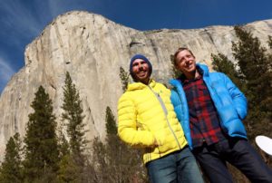 Kevin Jorgenson, of Santa Rosa, and Tommy Caldwell, right, talked to the press after completing the first free climb of the Dawn Wall route of El Capitan yesterday. (Photo by John Burgess/The Press Democrat)