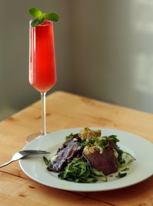 Thistle Meat's Steak Negimaki with a Grapefruit Smash Kombucha Elixir from Native restaurant in Petaluma. 