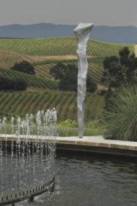 One of the six giant spike sculptures by artist-in-residence Gordon Huether that overlook the fountain at Artesa Vineyards & WInery in Napa's Carneros region. (photo by Charlie Gesell)