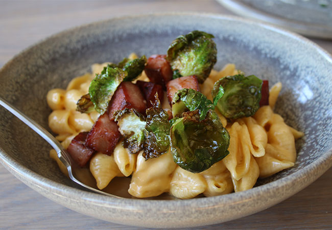 "Craft" Mac and Cheese with mortadella and fried Brussels sprouts at Bird and The Bottle, a new Stark Reality Restaurant in Santa Rosa, CA