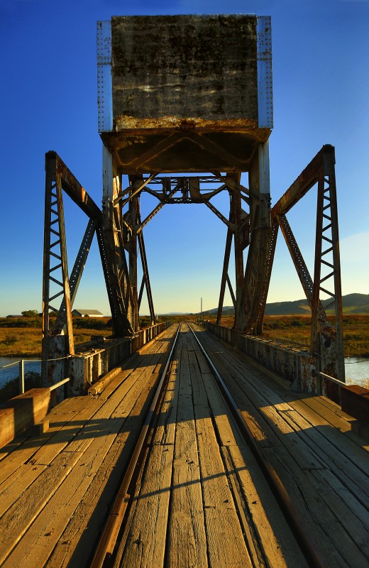 The rolling lift bridge on the Northwestern Pacific Railroad over Sonoma Creek next to the ghost town on Wingo. (John Burgess)