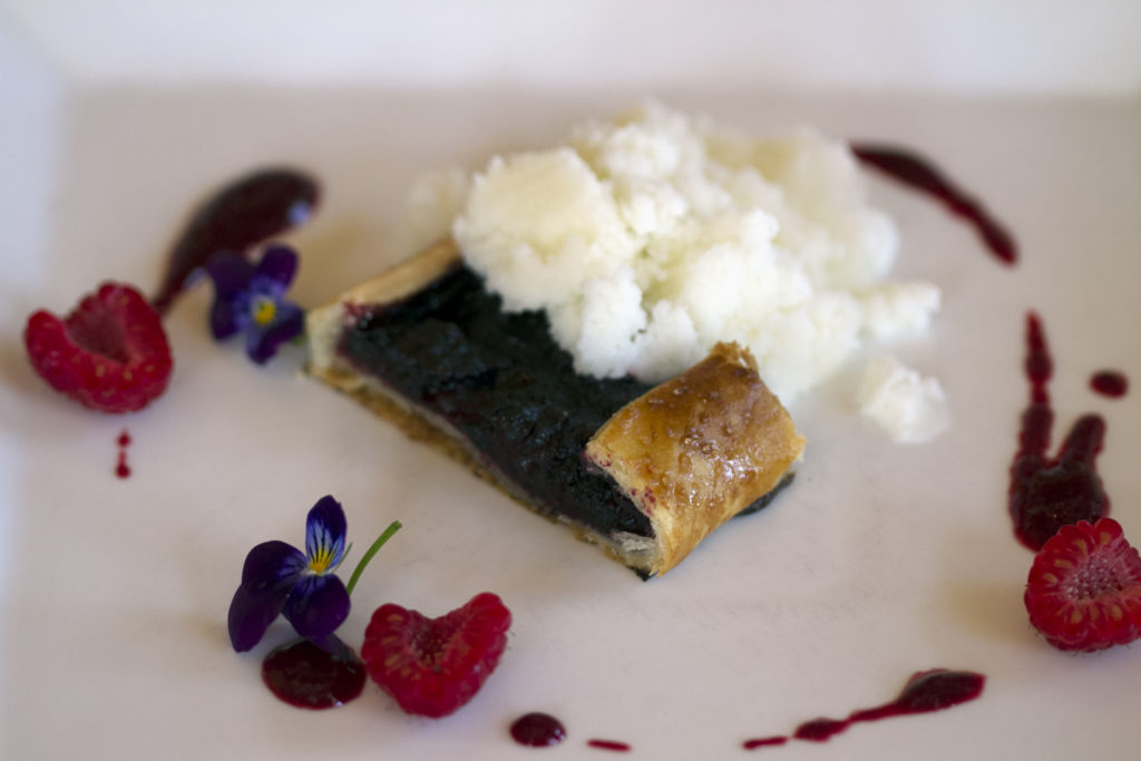 Blackberry Galette with creme fraiche granita, raspberry coulis paired with St. Francis' 2014 Sauvignon Blanc, Uboldi Vineyard, Sonoma Valley. From the June 2015 menu. Photo: Heather Irwin.