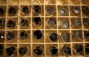 Glasses of red wine sit before being taken out to the judges during the North Coast Wine Challenge at the Hilton Sonoma Wine Country Hotel in Santa Rosa, on Tuesday, April 12, 2016. (BETH SCHLANKER/ The Press Democrat) 