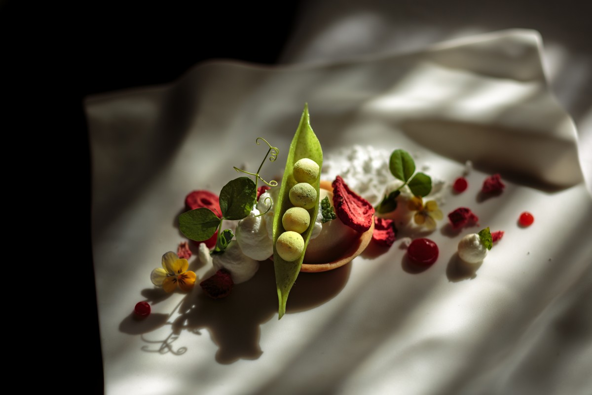 Manny Fimbrez’s “Peas and a Pod”: a strawberry tart with a pulled-sugar pea pod filled with lemon ganache “peas” rolled in pea powder.