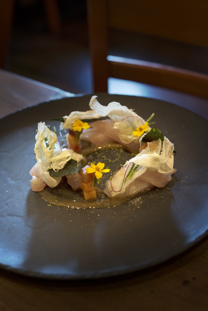 Shima Aji with stone fruit, pickled salted plum, kombu, and rice cracker at Rancho Nicasio Bar and Restaurant in Nicasio, California, August 13, 2016. (Photo: Erik Castro/for The Press Democrat)