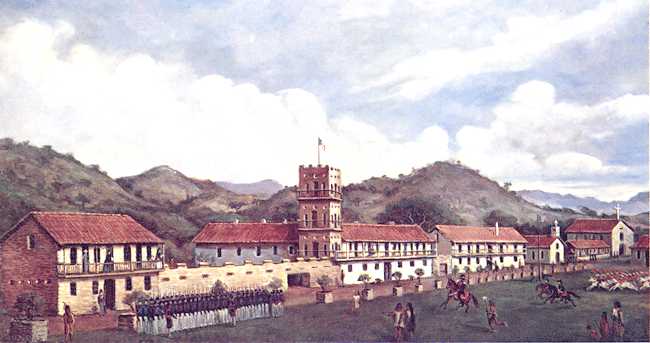 Californio soldiers under Comandante-General Mariano Vallejo drill at Sonoma barracks.