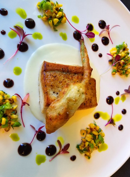  Sautéed White Sea Bass with Crisp Zucchini Flower, Sweet Corn Purée and Corn-Shishito Chutney at Dry Creek Kitchen. Heather Irwin/PD