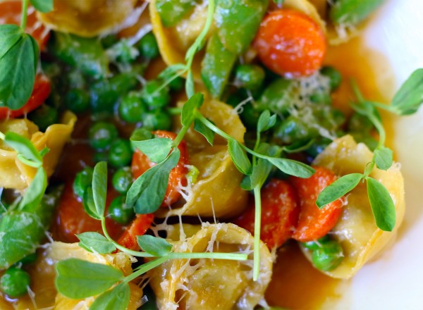 Oz Family Farm Rabbit Tortellini with Pea Variations, Carrot and Shaved Pecorino . Heather Irwin/PD