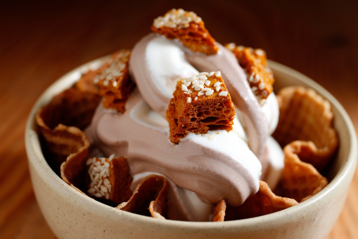 Soft serve ice cream in a waffle bowl with sesame honeycomb topping at Miminashi, a Japanese izakaya, in Napa, California on Tuesday, August 30, 2016. (Alvin Jornada / The Press Democrat) Miminashi
