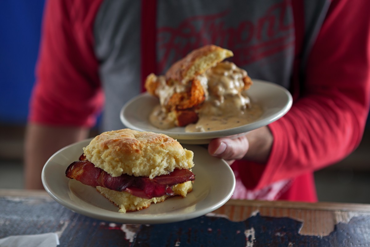 Chicken biscuit and ham biscuit from Fremont Diner in Sonoma Food shots for Cheap Eats section Chris Hardy