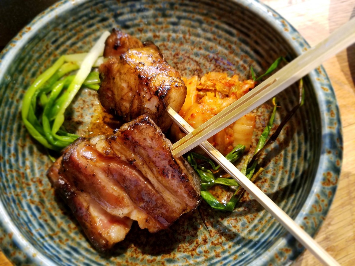 Pork belly yakitori with kimchee at Two Birds/One Stone in St. Helena. (Photo by Heather Irwin)