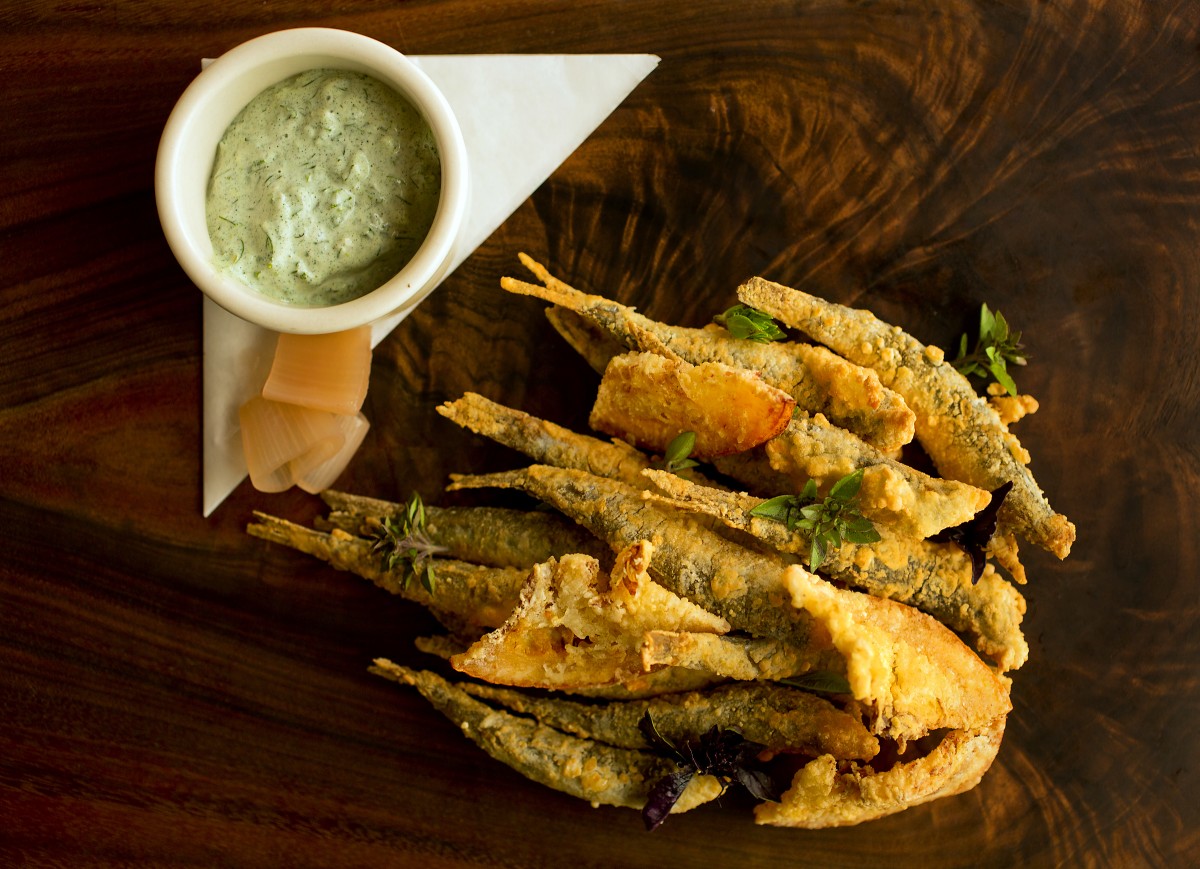 Fried Anchovies with unripe plums from Revival at the Applewood Inn. (John Burgess/The Press Democrat)