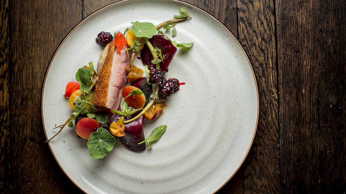 Duck with nasturtium at Revival Restaurant at the Applewood Inn