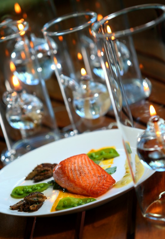 King Salmon, with morel mushrooms, sugar snap peas, and green garlic vinaigrette, by Dry Creek Kitchen executive chef Andrew Wilson. (Photo by Christopher Chung)
