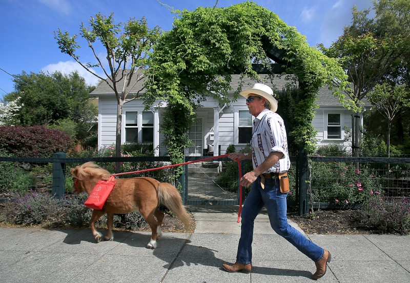 James Canard leads Peanut Butter to Sonoma City Hall, Thursday April 14, 2016 to deliver petitions against the ban on leaf blowers in Sonoma. (Kent Porter