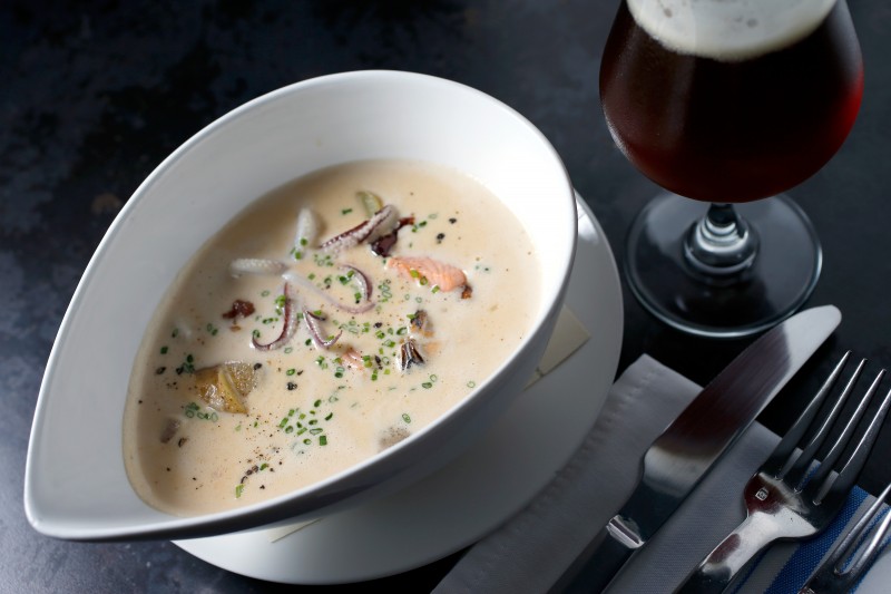 Seaside Chowder with fish, mussels, squid, shrimp, potatoes, bacon, cream, at Seaside Metal oyster bar in Guerneville, California on Wednesday, January 13, 2016. (Alvin Jornada