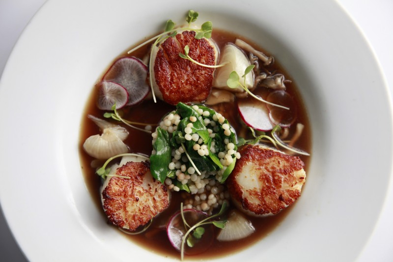  Dayboat scallops in a jasmine-dashi broth and pearl pasta with spinach at Cafe La Haye on Thursday, March 27, 2014 in Sonoma, California. (BETH SCHLANKER/ The Press Democrat)