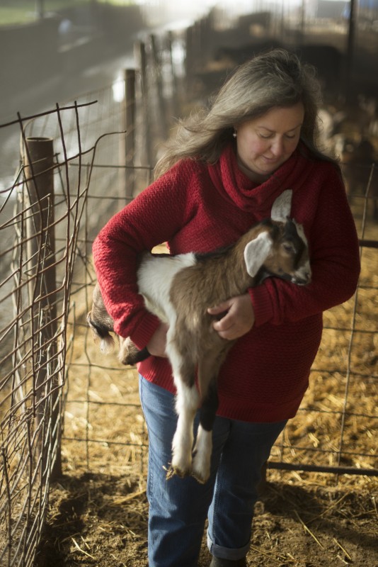 Donna Pacheco with one of her newborn Nubian goats at Achadinha Cheese Company in Petaluma. (Erik Castro)