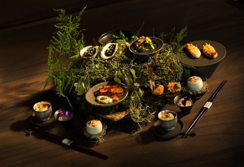 The guest is greeted with an array of dishes presented on a bed of wood, moss and ferns at Single Thread Farms Restaurant in Healdsburg. (John Burgess/