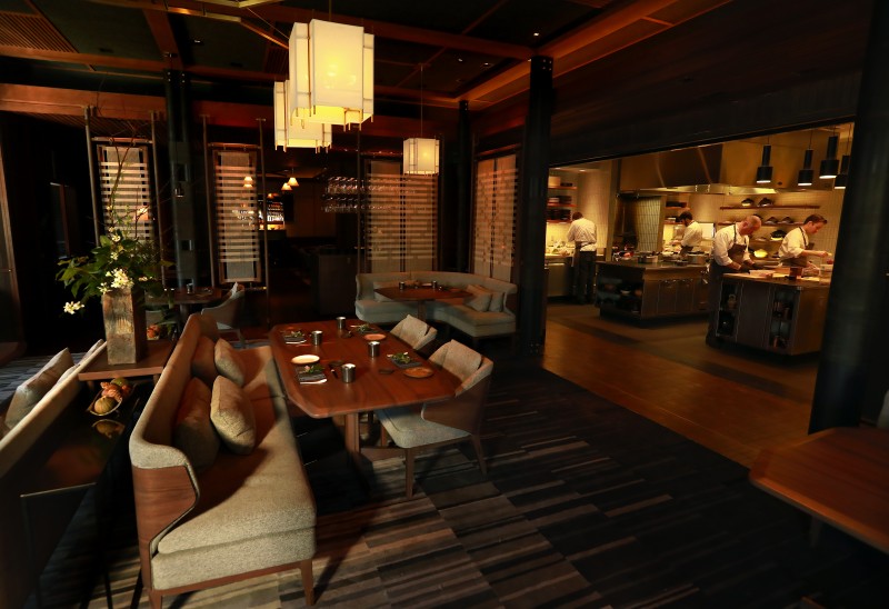 An open kitchen design allows the guest to watch the creation of their meal at Single Thread Farms Restaurant in Healdsburg. (John Burgess)